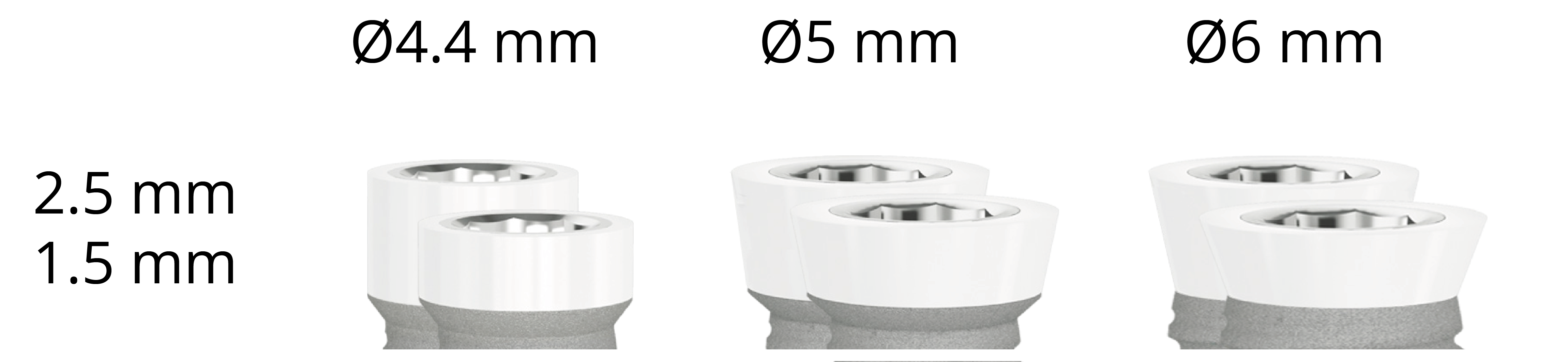 Z1 zirkonium kraag — Ø4.4 / Ø5 / Ø6 mm diameters × 1.5 / 2.5 mm hoogtes